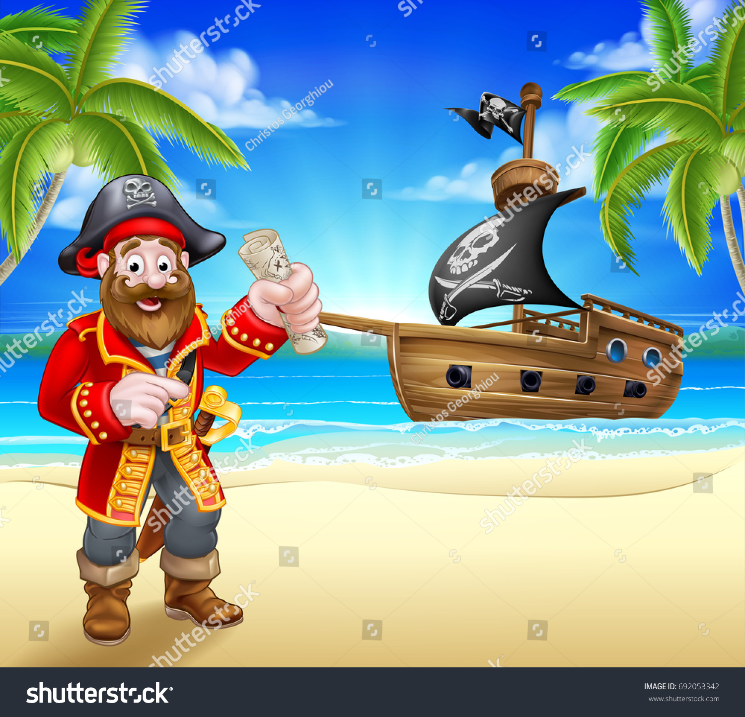 Pirate Cartoon Character On Tropical Beach Stock Vector (Royalty Free ...