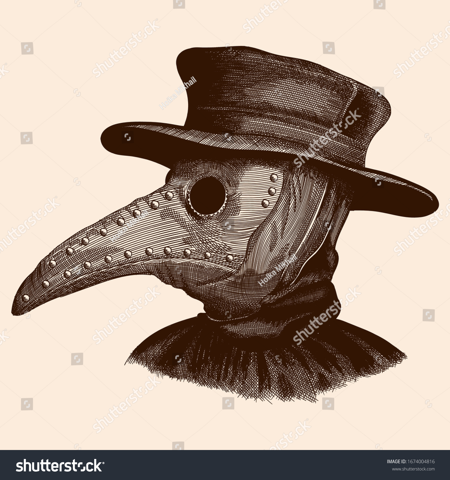 SVG of A plague doctor in a mask with a long beak and hat. Vector image stylized as engraving. svg