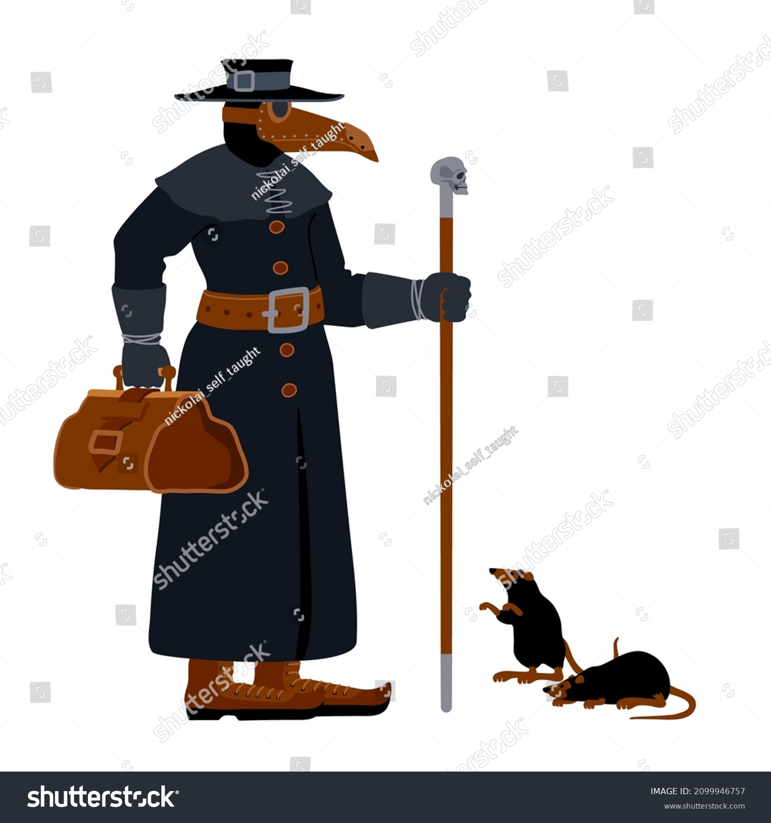 SVG of A plague doctor in a protective suit with a leather travel bag, walking stick and rats. A medieval character. Color vector illustration isolated on a white background in a cartoon and flat design. svg