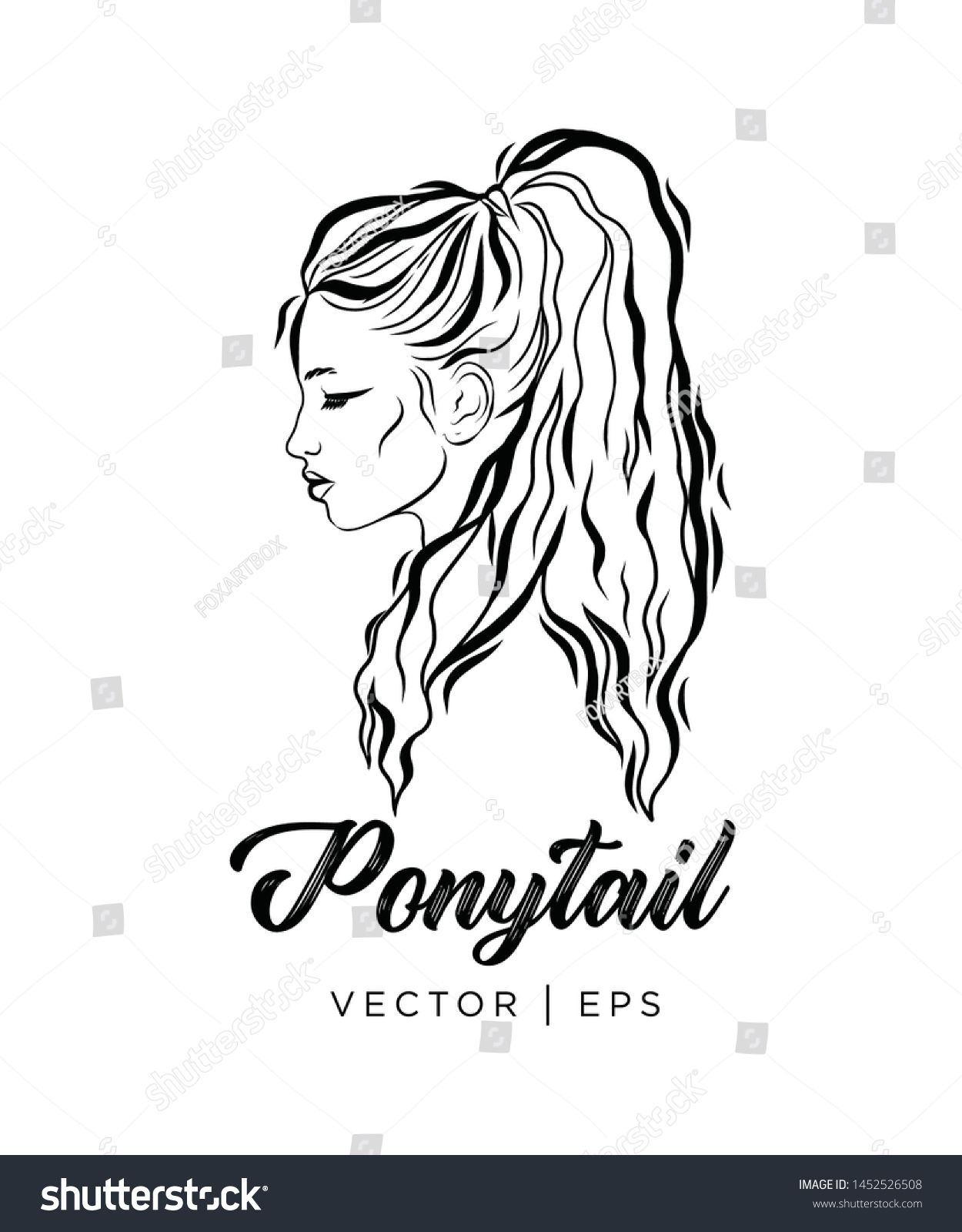 Portrait Girl Ponytail Hairstyle Line Drawing Stock Vector