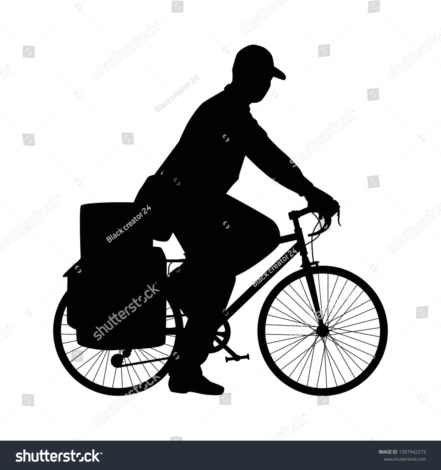 black silhouette cyclist riding bicycle with delivery bag clip art preview