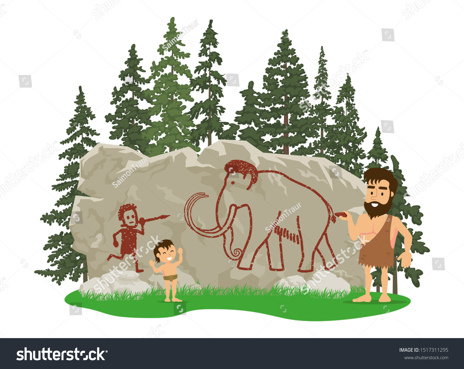 Prehistoric Man Draws Mammoth Hunt Scene Stock Vector Royalty Free