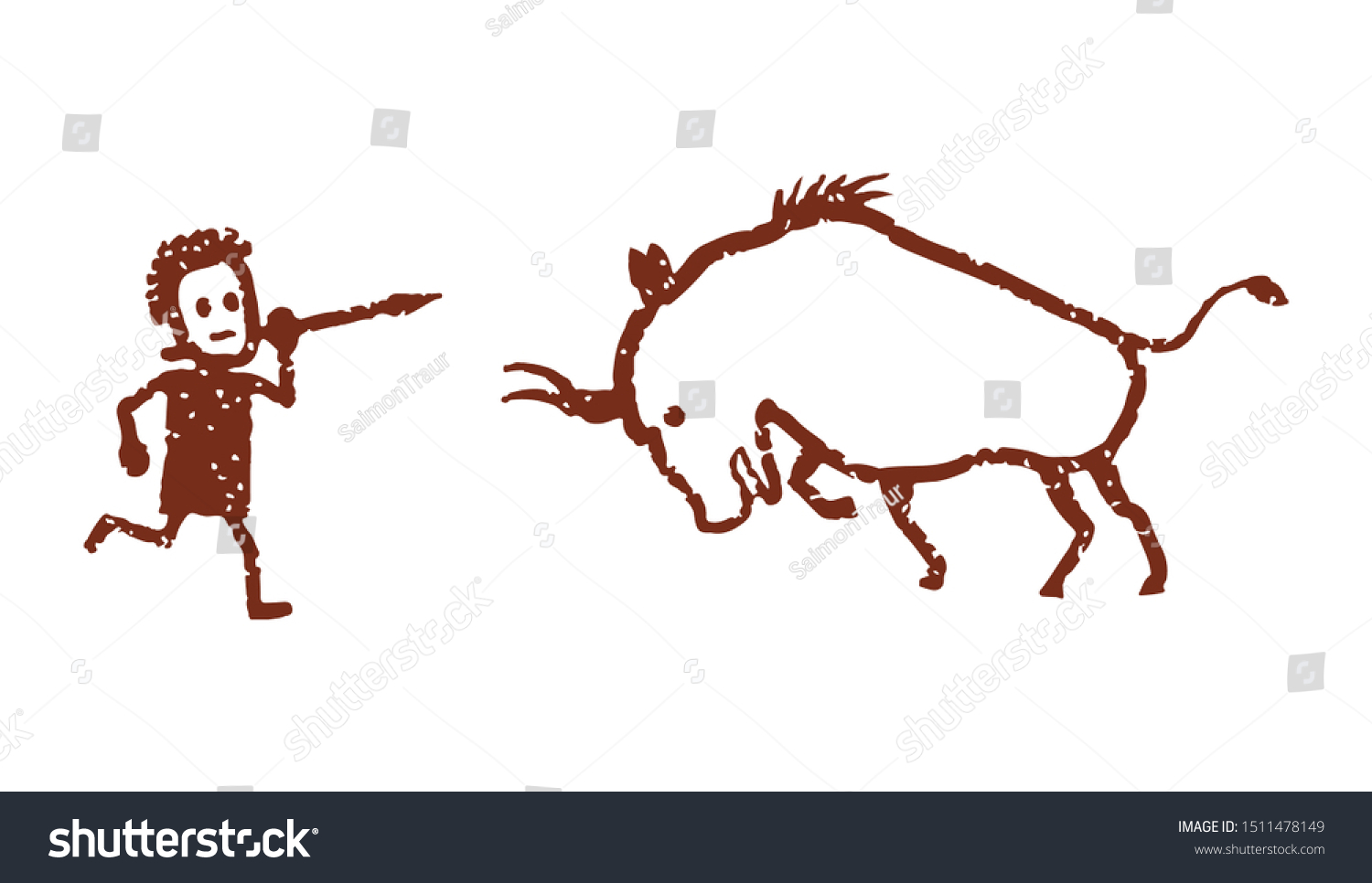 SVG of A primitive drawing depicting a man with a spear hunting a bison, buffalo. Isolated on a white background. svg