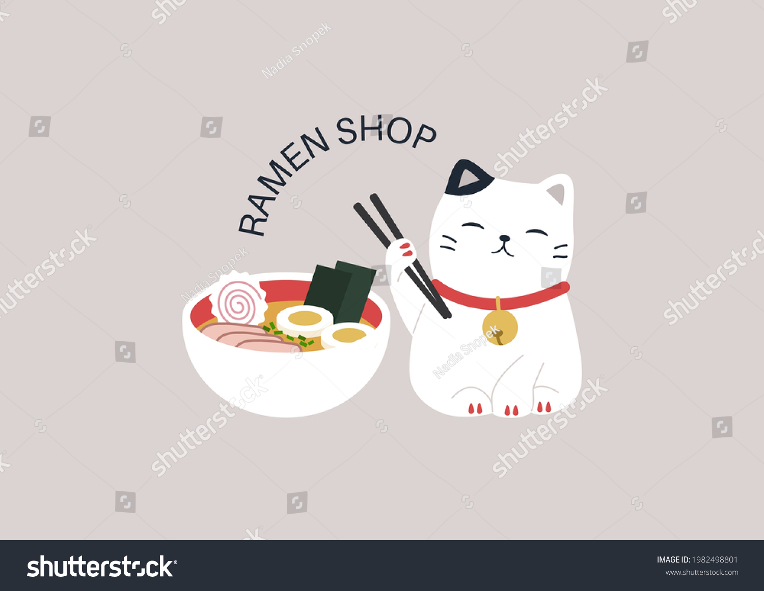 SVG of A ramen shop logo, a cute Maneki Neko cat holding wooden chopsticks, Asian restaurant design svg
