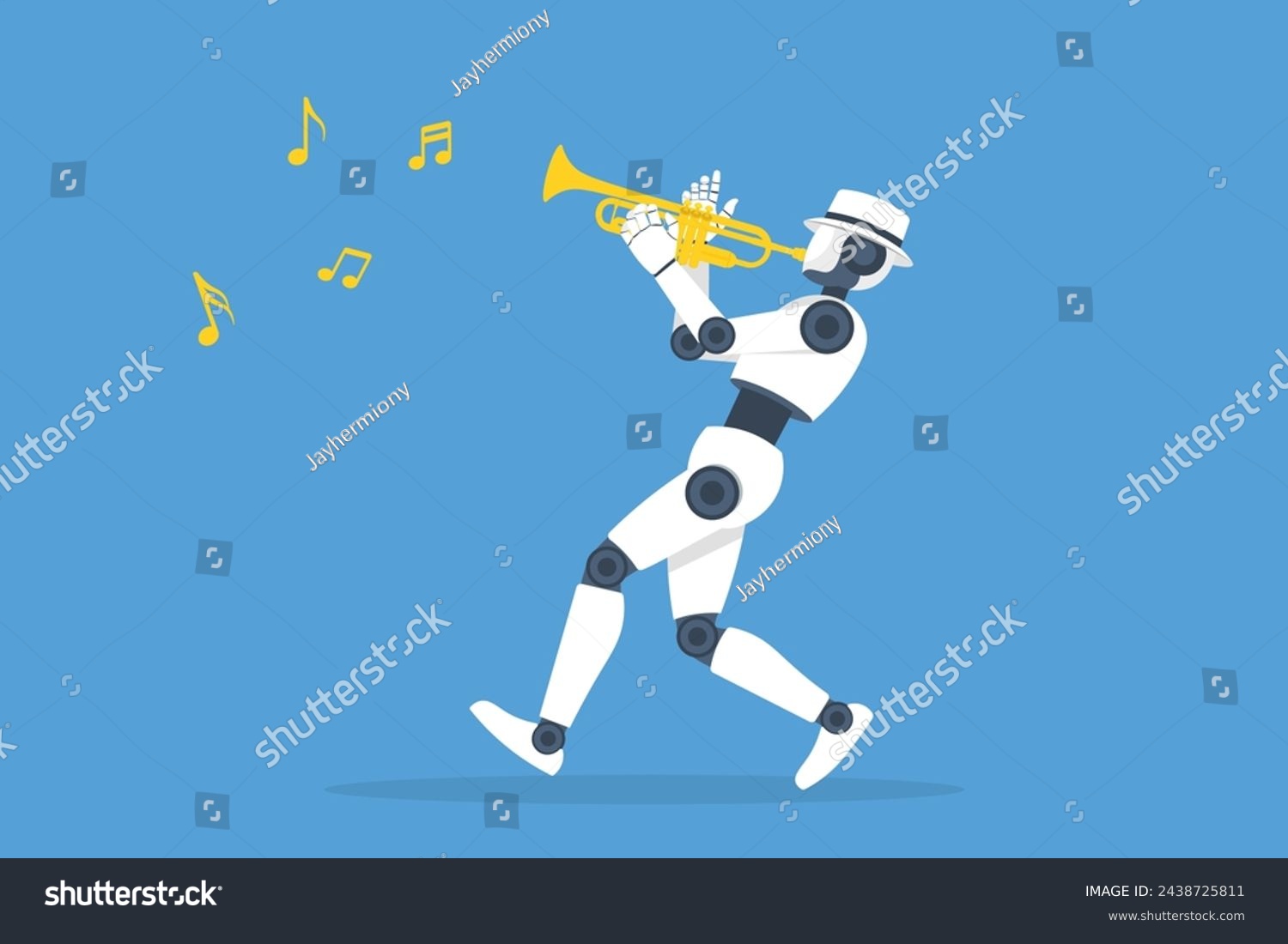 SVG of A robot is playing a trumpet and the notes are floating in the air, Concept of using artificial intelligence AI technology to create music, compose music, and create sound. svg