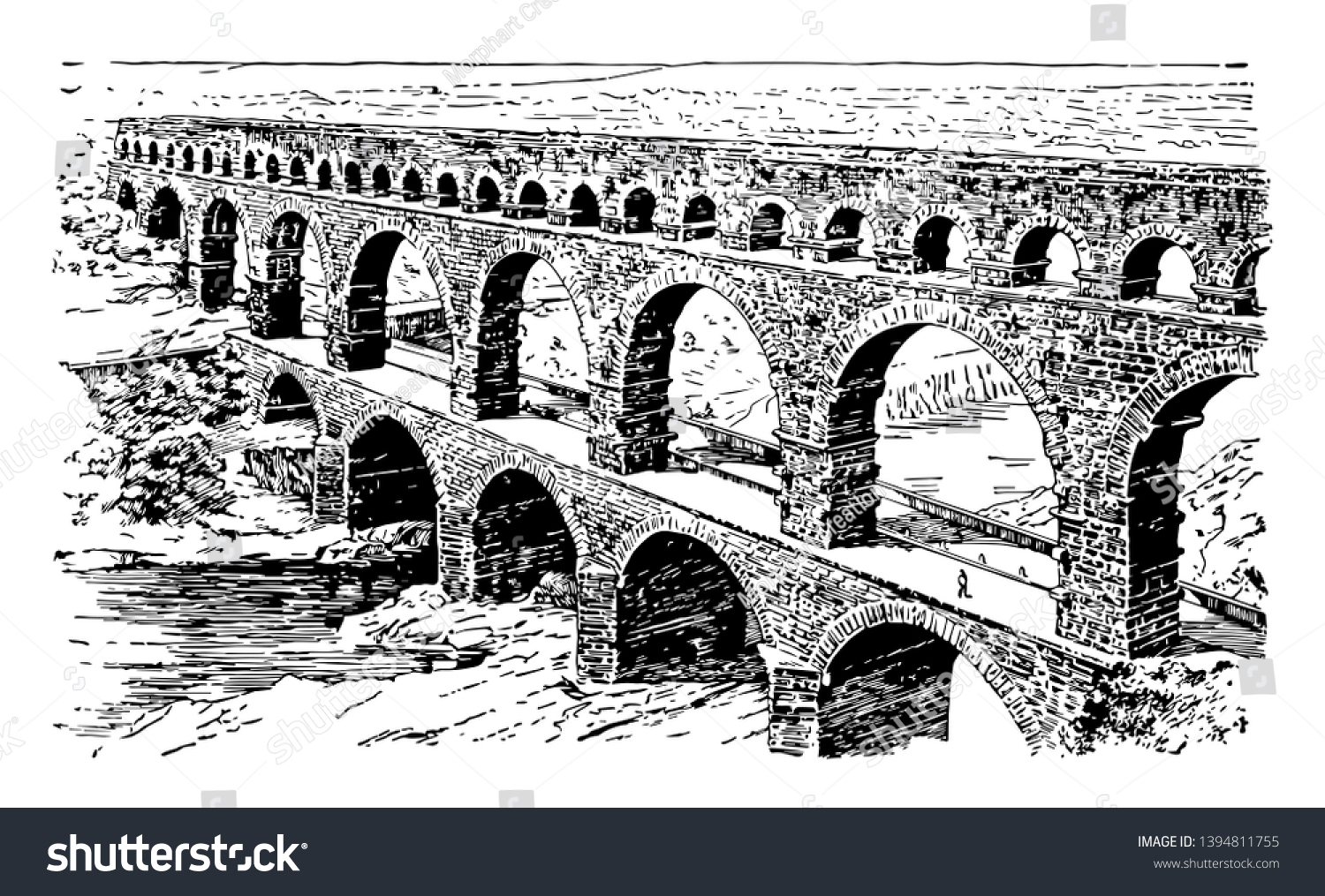 SVG of A Roman Aqueduct ancient Nemausus in southern France the emperor Antoninus Pius vintage line drawing or engraving illustration. svg