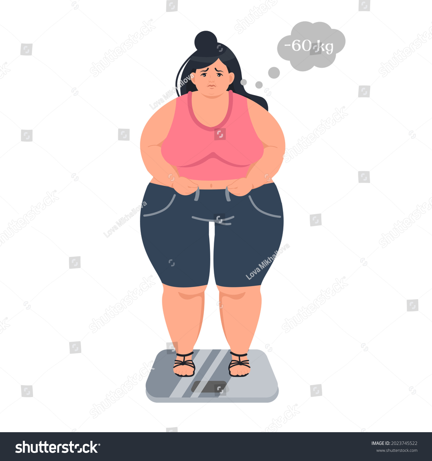 SVG of A sad, obese woman is standing on the scales. Problems with excess weight. Weight loss. The concept of bad eating habits, gluttony, obesity and unhealthy eating. Vector illustration svg