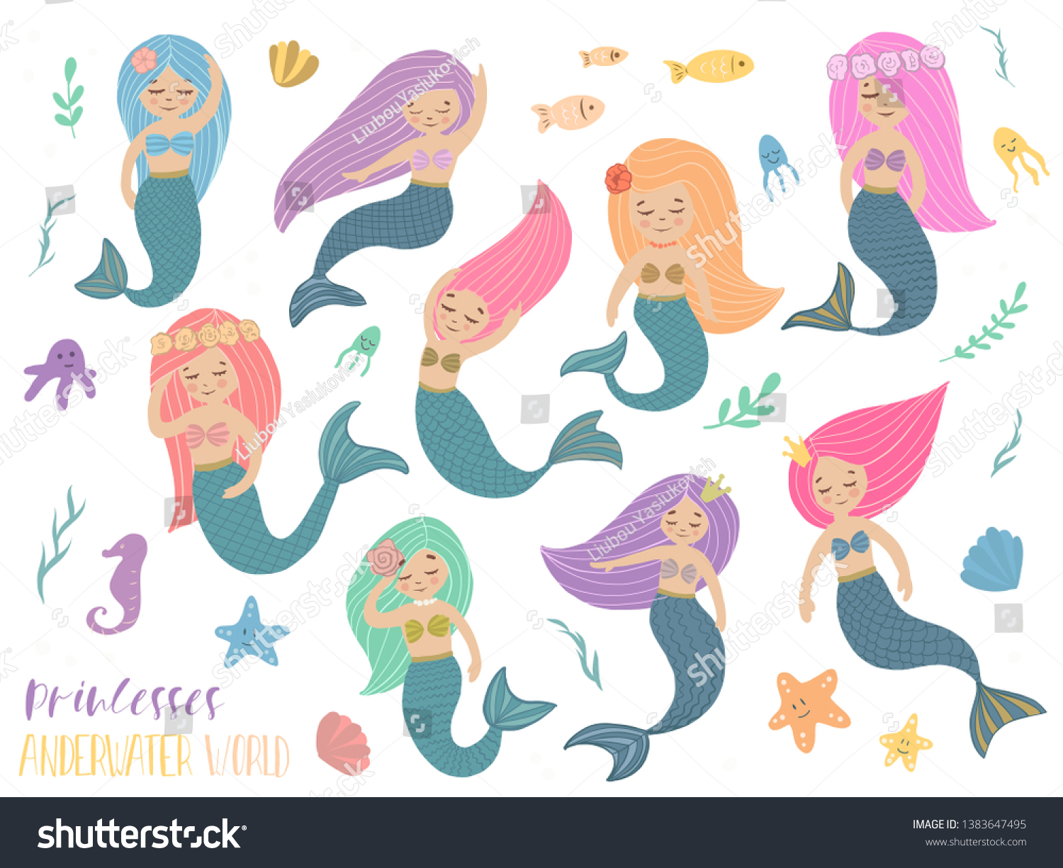 Set Beautiful Mermaids Fish Jellyfish Algae Stock Vector (Royalty Free ...