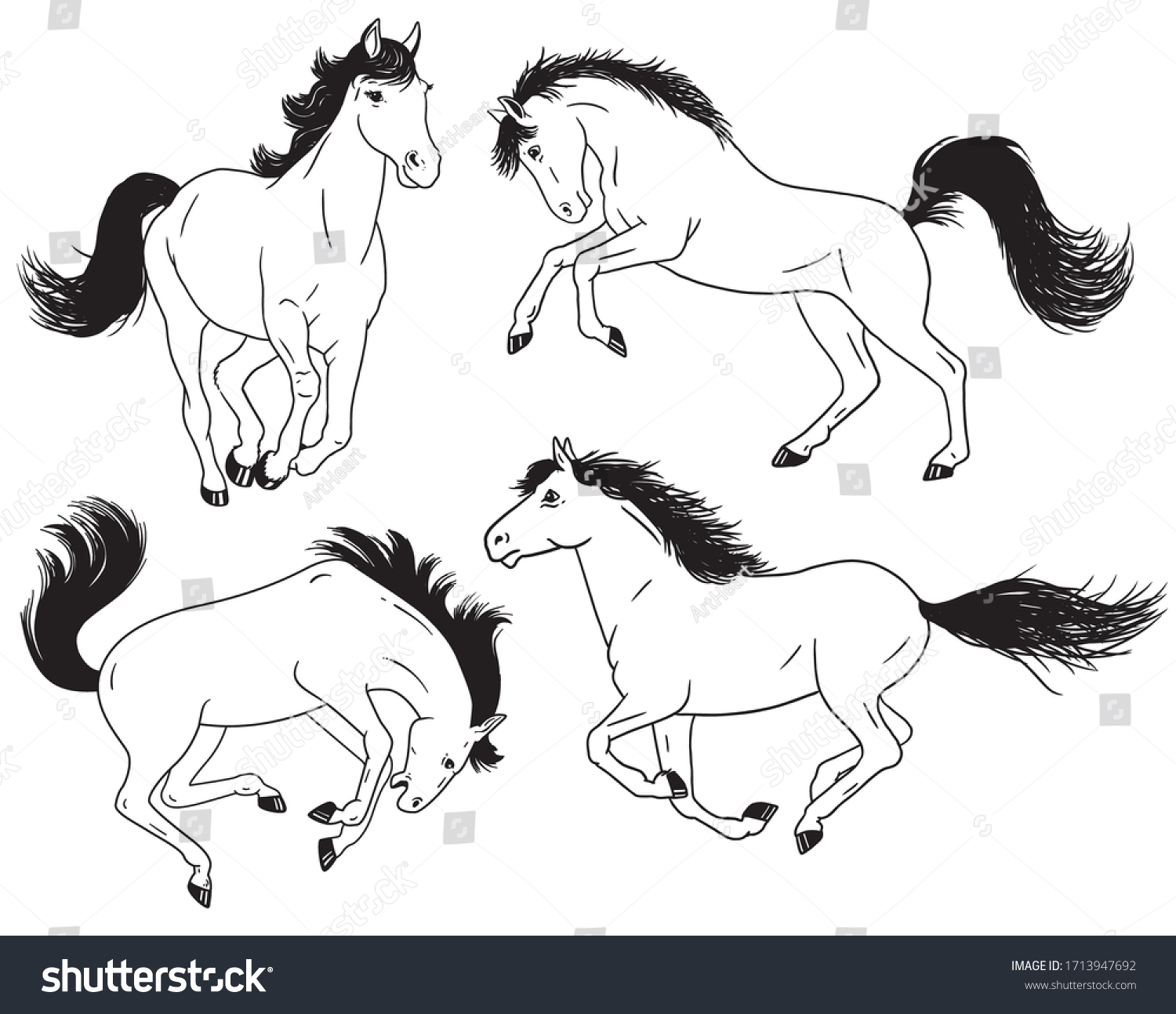 走る馬 飛ぶ馬 跳ぶ馬 飼育する馬の白黒の絵 ベクター画像の輪郭のイラスト のベクター画像素材 ロイヤリティフリー