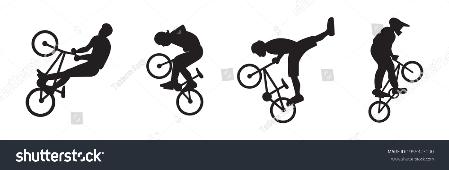 SVG of A set of BMX freestyle sportsmen silhouettes . Collection of freestylers performing stunts. Jumping and somersault guys with mountain bikes. Flat style vector design illustrations. svg