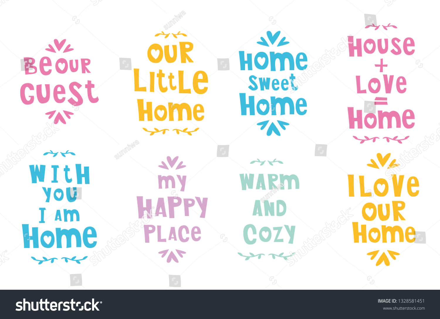 SVG of A set of bright cute phrases or lettering in houses silhouettes - 