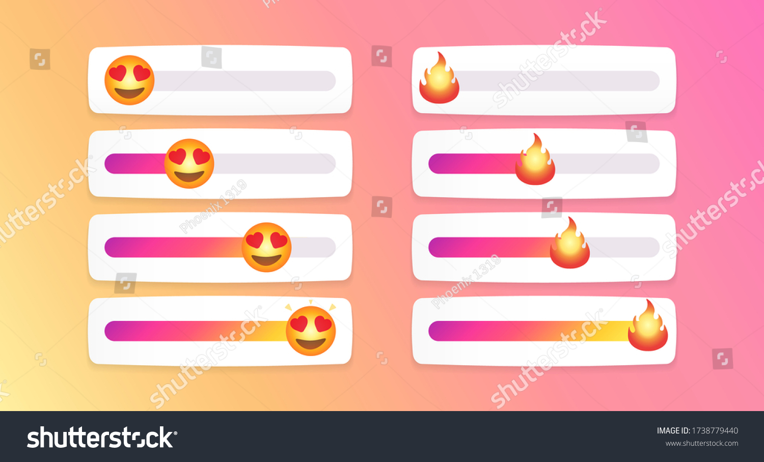SVG of A set of color sliders with emoticons and flames on them, isolated on a color gradient. The layout of a web slider, emoticons, smile. The layout of the elements of the plot. Vector illustration svg