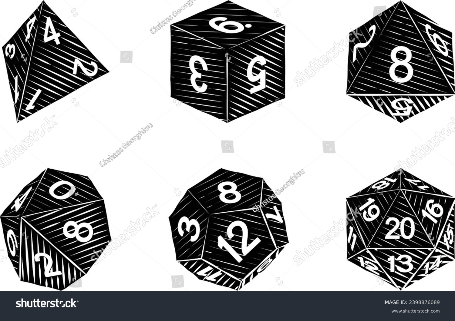 SVG of A set of common game dice used for roleplaying RPG or fantasy tabletop board games in a vintage retro woodcut style
 svg