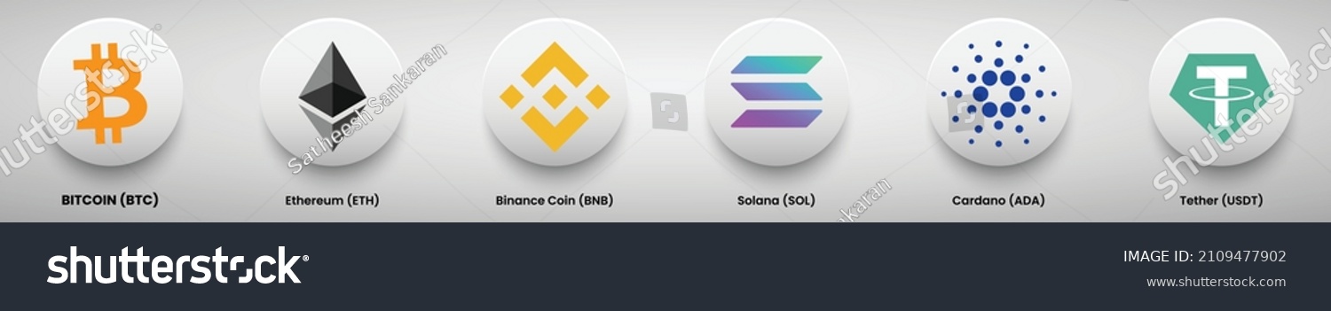 SVG of A set of cryptocurrency symbol and logos of Bitcoin, Ethereum, Binance coin, Solana, Cardano and Tether svg