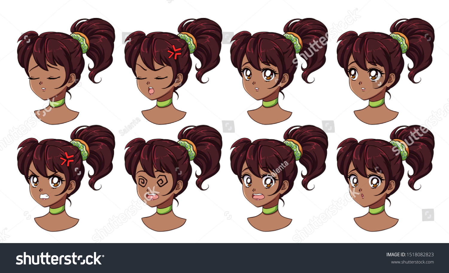 Set Cute Anime Girl Different Expressions Stock Vector Royalty