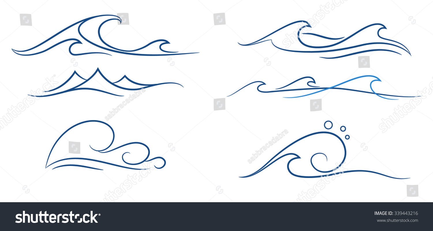 A Set Of Different Simple Stylized Pinstripe Ocean Waves Stock Vector ...