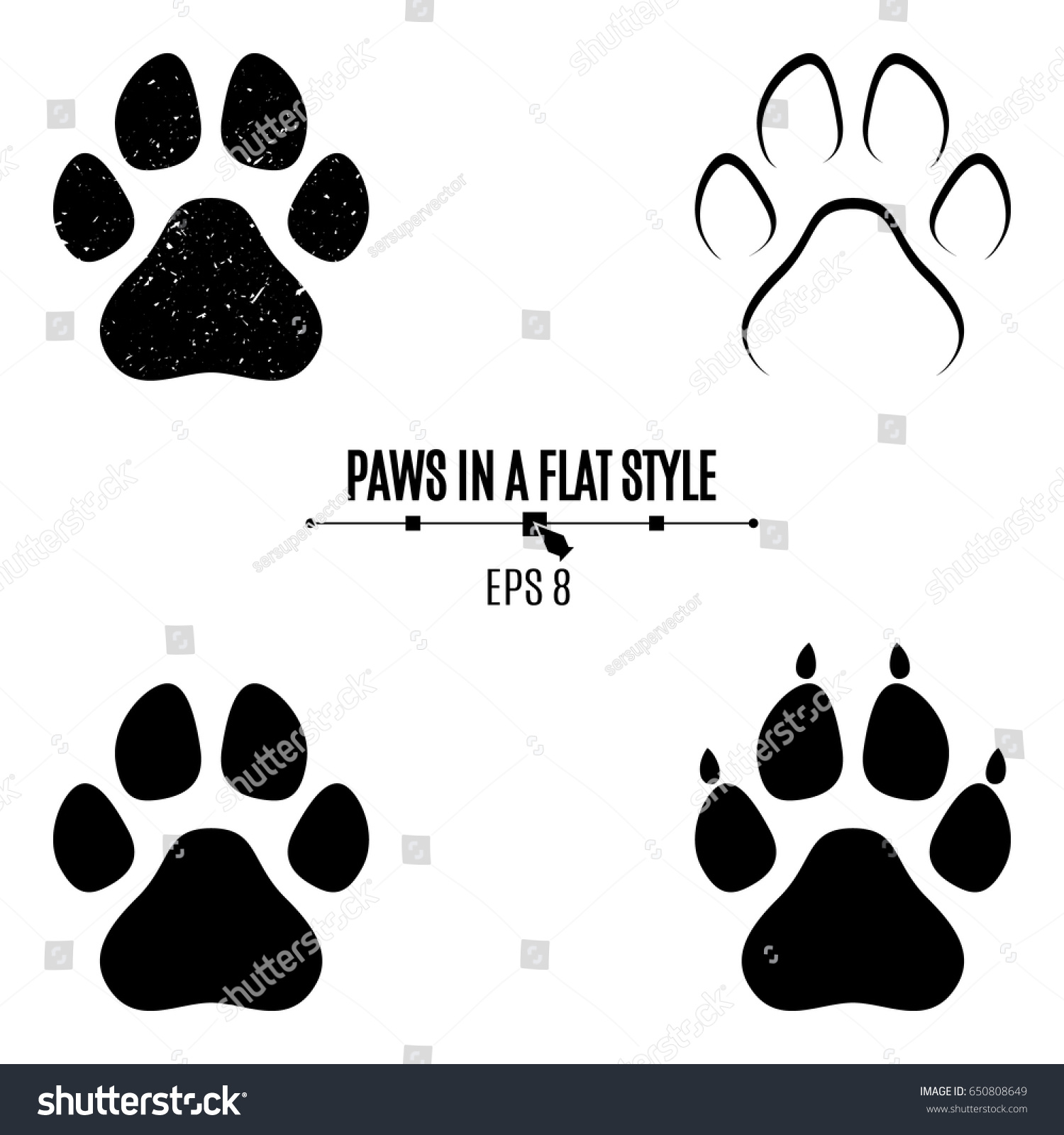 SVG of A set of dog's paws. Black traces in different styles. Isolated on white background. Silhouettes of paws. Vector illustration svg