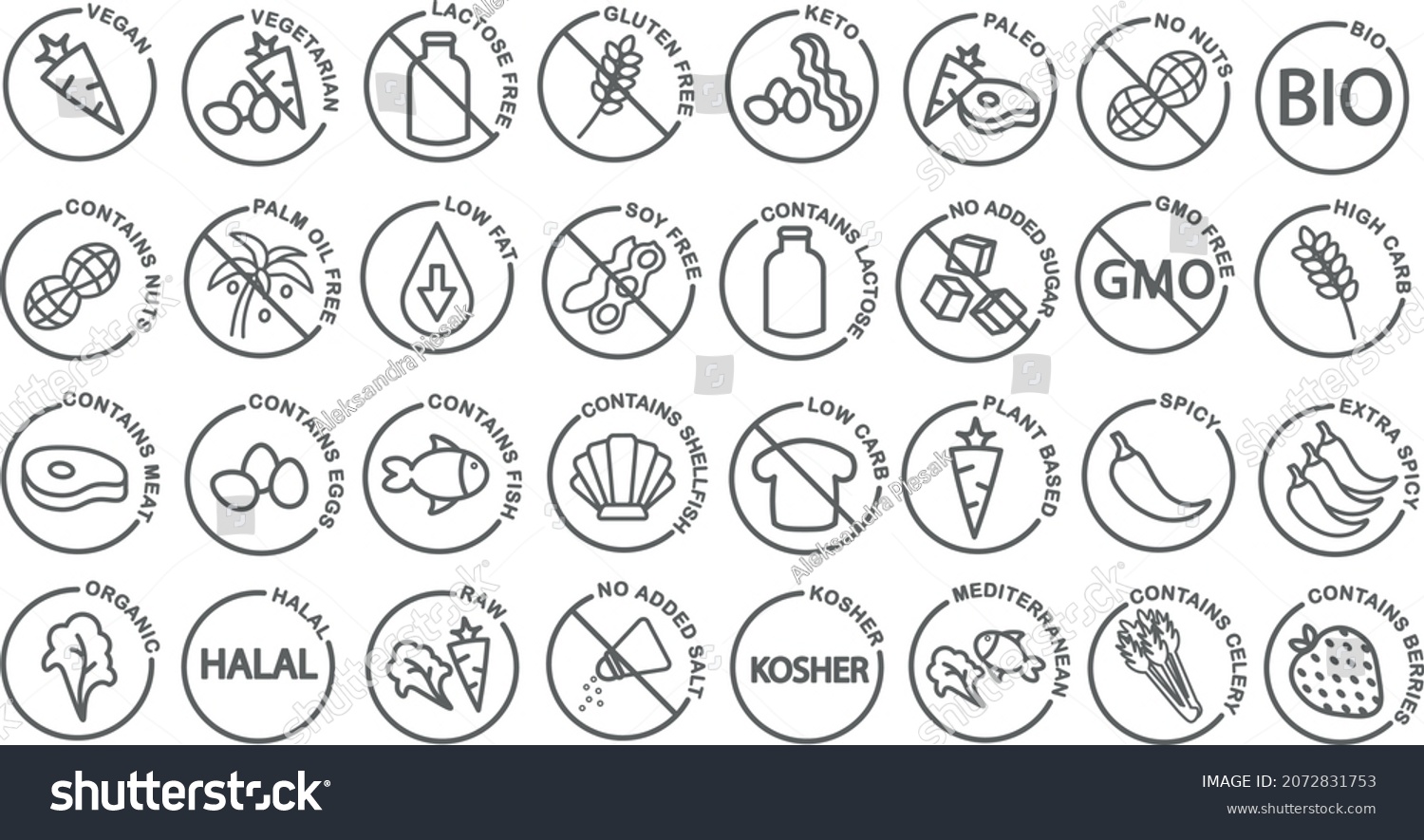 SVG of A set of editable icons related to diets such as keto, vegan, vegetarian, plant based, paleo, dietary restrictions, allergens, spiciness, ketogenic, low fat, high carb, no added sugar etc. svg