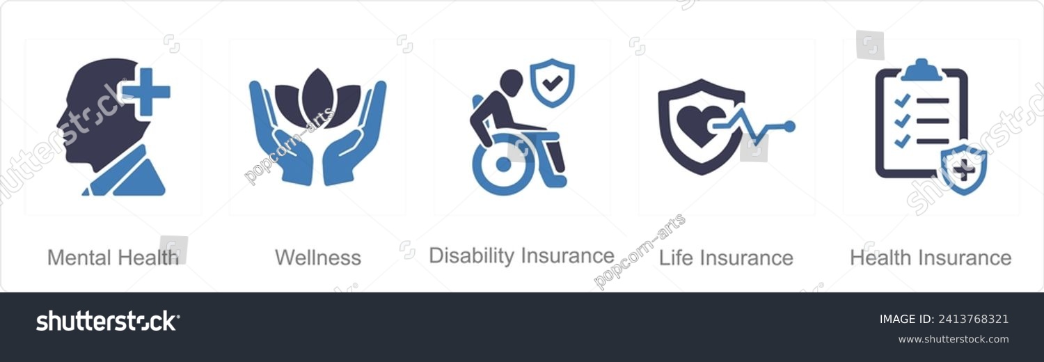 SVG of A set of 5 Employee Benefits icons as mental health, wellness, disability insurance svg