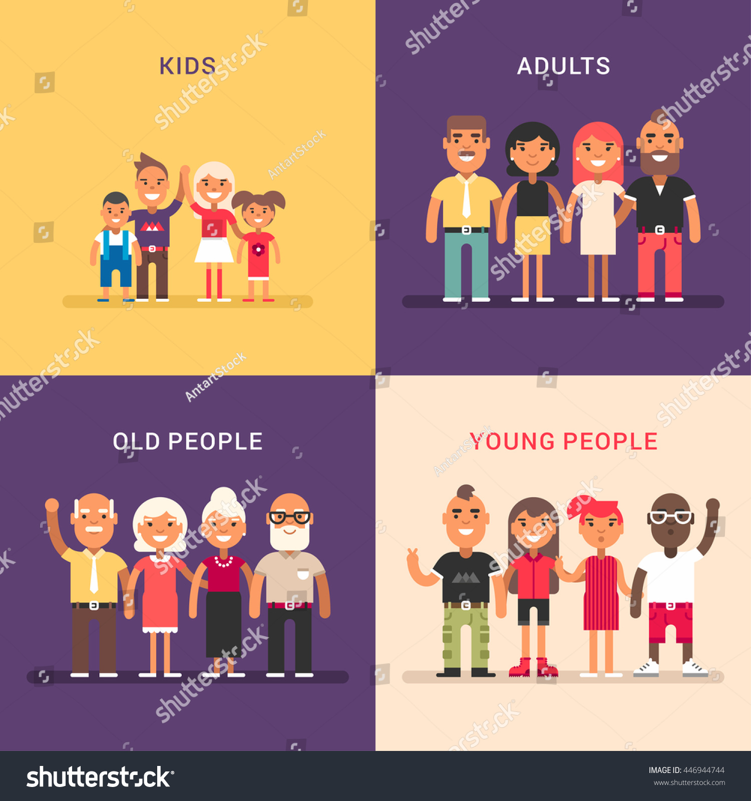 A Set Of Four Colored Flat Vector Illustrations. Kids, Adults, Old ...