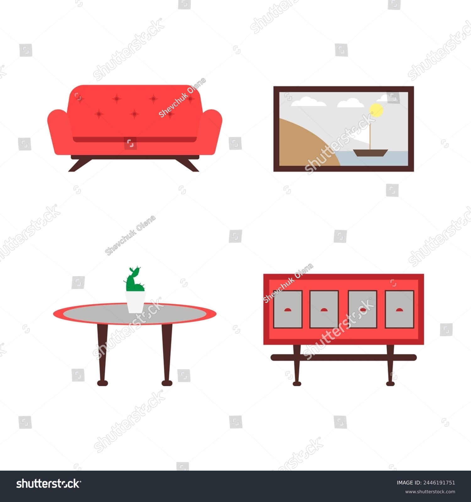 SVG of A set of four pieces of furniture, namely a painting of a boat, a sailboat, a red sofa, a mirror cabinet, a dining table and a flower pot, an ottoman, simple style illustration, hand drawing svg