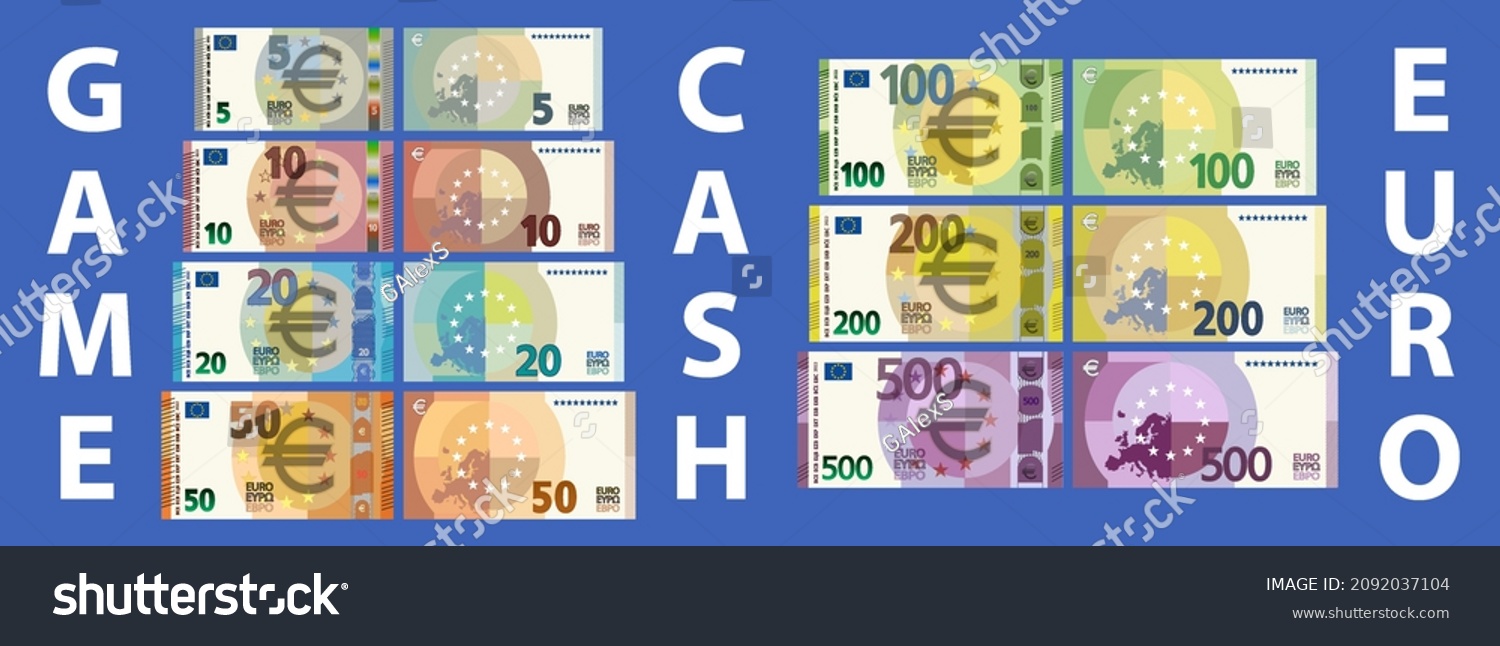 SVG of A set of game paper money in the style of EU cash. Banknotes in denominations of 5, 10, 20, 50, 100, 200 and 500 euros. Obverse and reverse svg