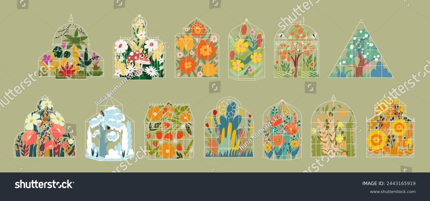 SVG of A set of greenhouse with flowers, tree and leafs. Vintage floral glasshouses garden.  svg