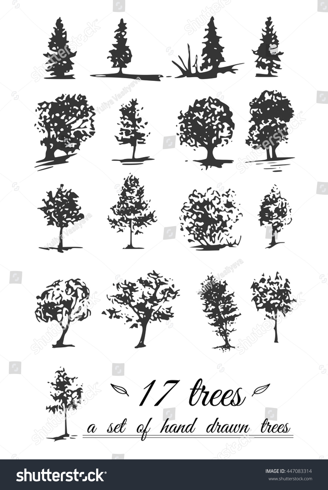 Set Handdrawn Trees Blackandwhite Silhouettes Trees Stock Vector Royalty Free