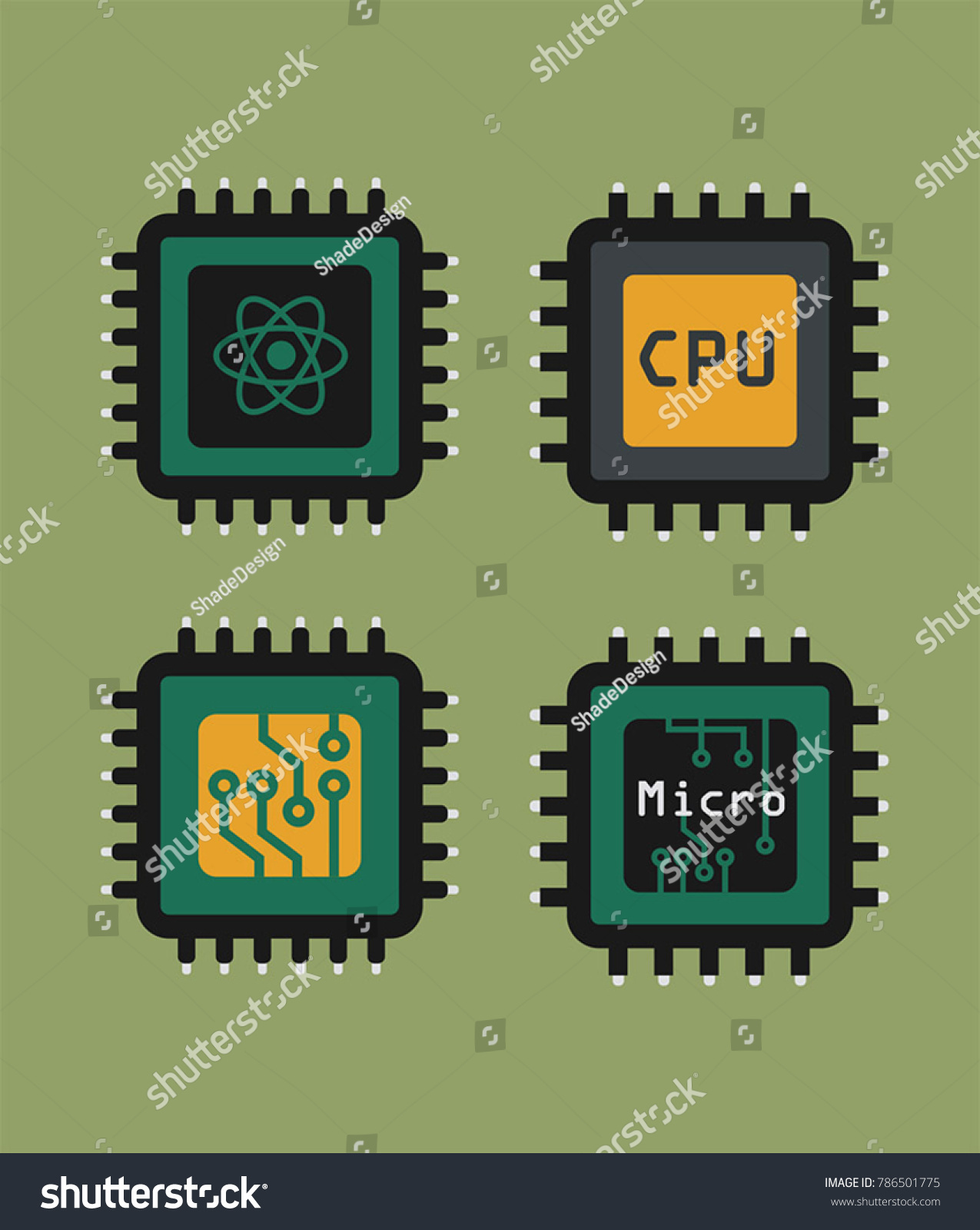 SVG of A set of icons of micro-chips and processors. Quantum processor, micro-processor, processor with board; electronic CPU. svg