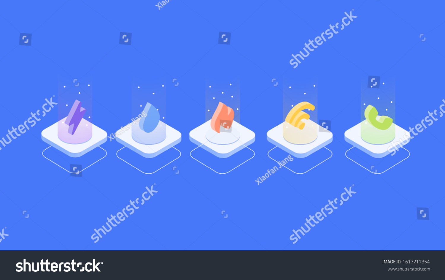 SVG of A set of isometric gradient utility deals icon illustration, utilities bundle, including electricity power, water, gas, wifi/ cable, telephone bill, 2.5D svg