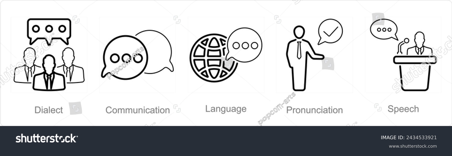 SVG of A set of 5 Language icons as dialect, communication, language svg