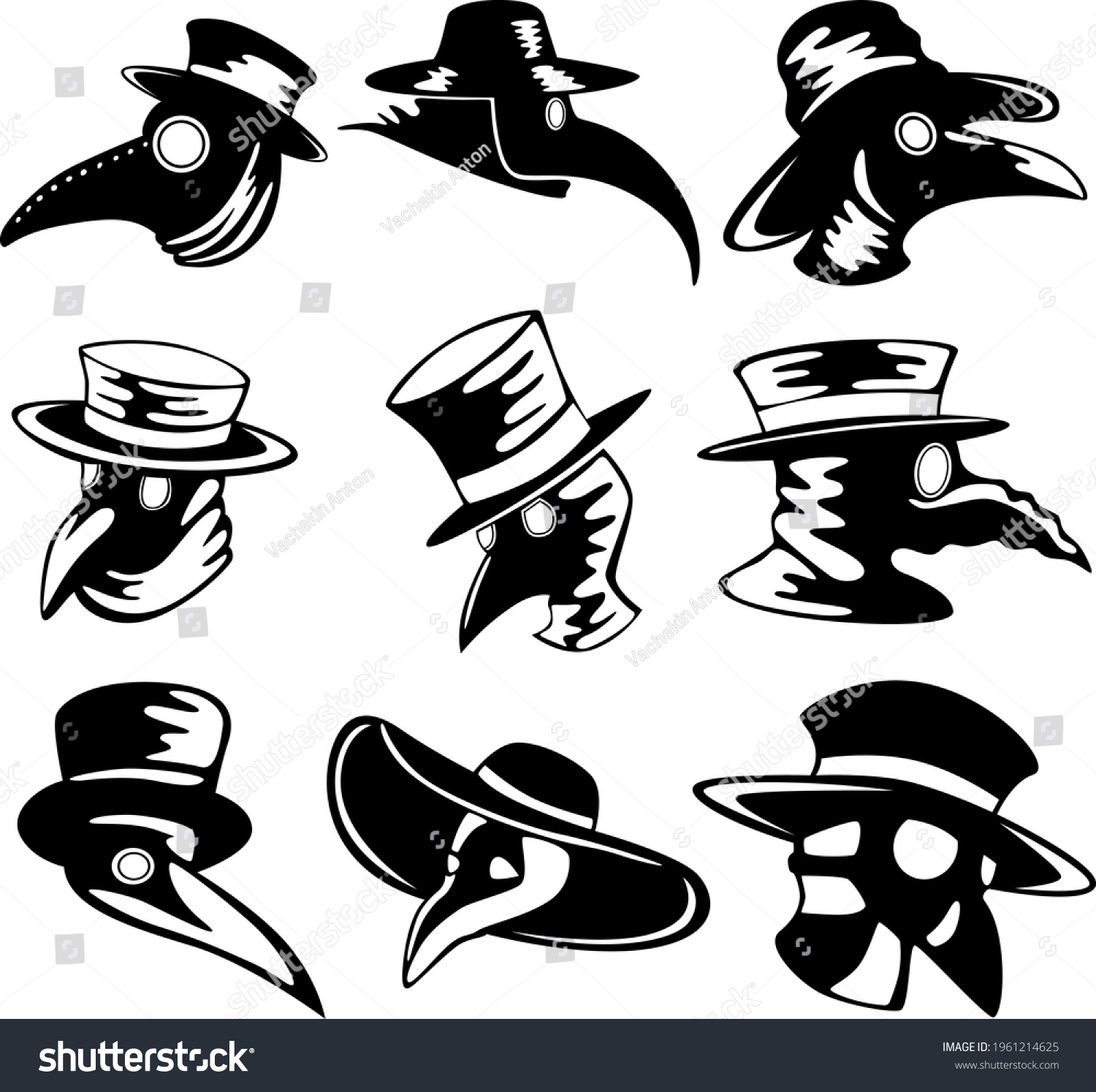 SVG of A set of nine plague doctor masks isolated on a white background. Vector illustration. svg