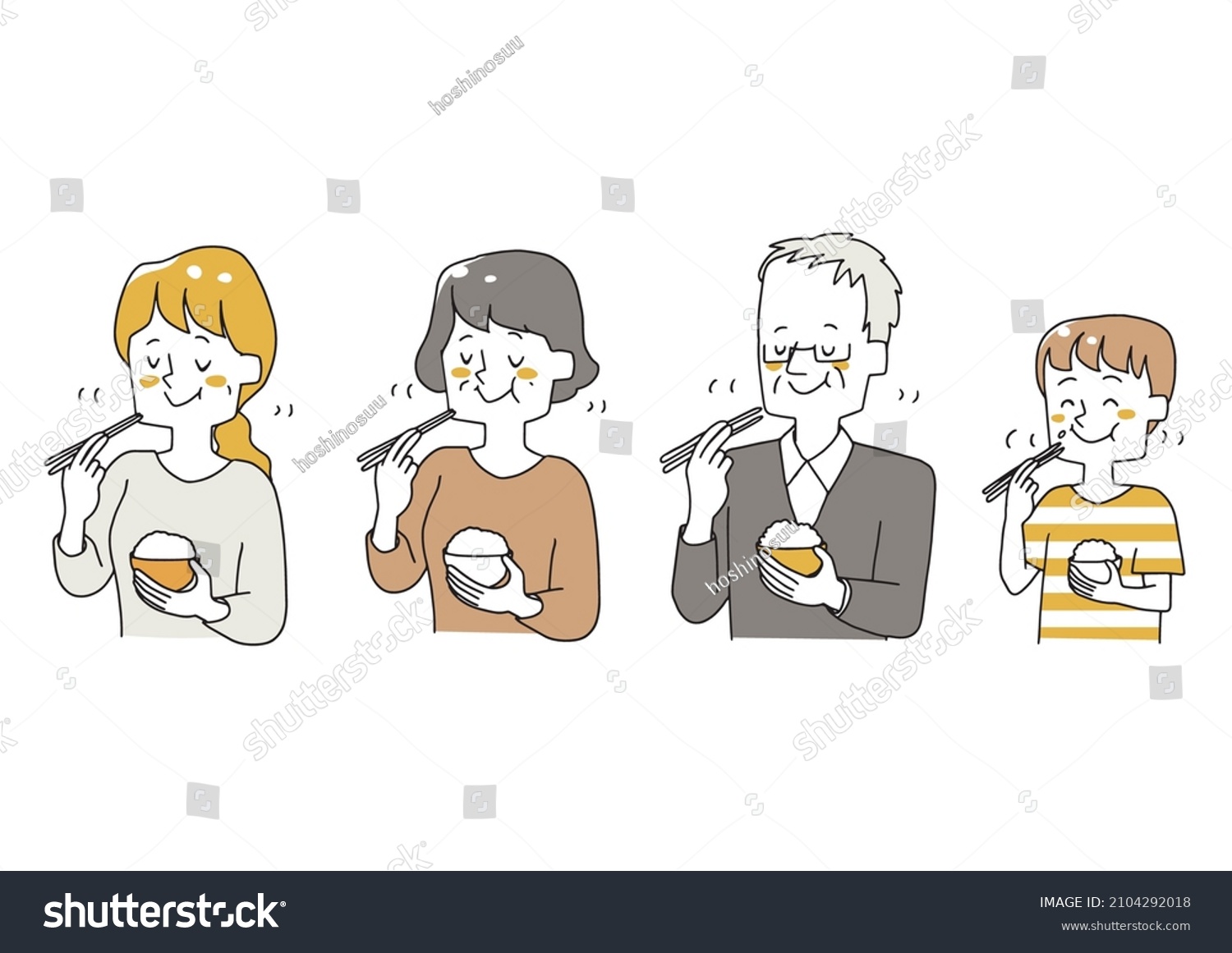 SVG of A set of people of various ages who chew well and eat. Warm hand-drawn person illustrations. svg