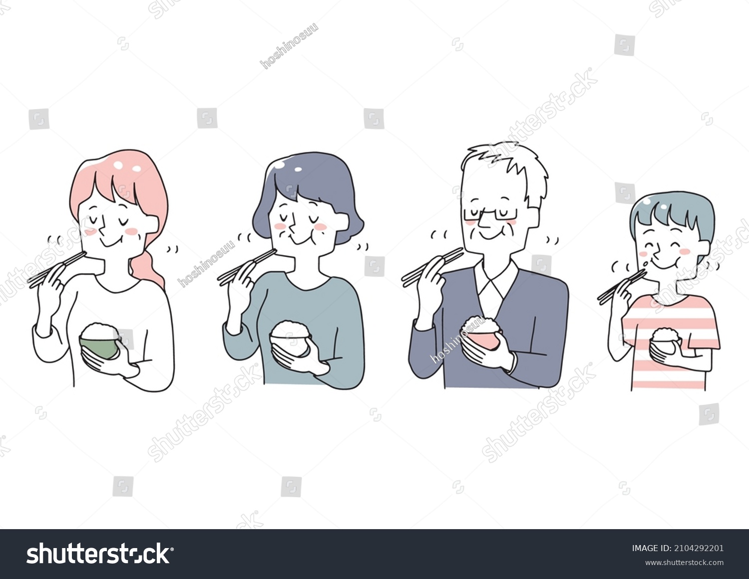 SVG of A set of people of various ages who chew well and eat. Warm hand-drawn person illustrations. svg