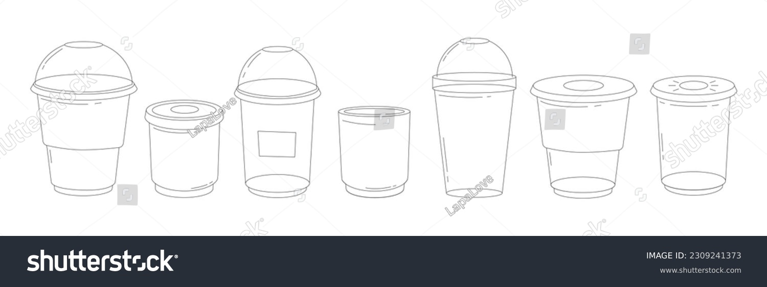 SVG of A set of plastic cups for cold drinks. Plastic cup template silhouette on isolated white background. line icon. Editable stroke. Doodle style. Vector stock illustration. svg