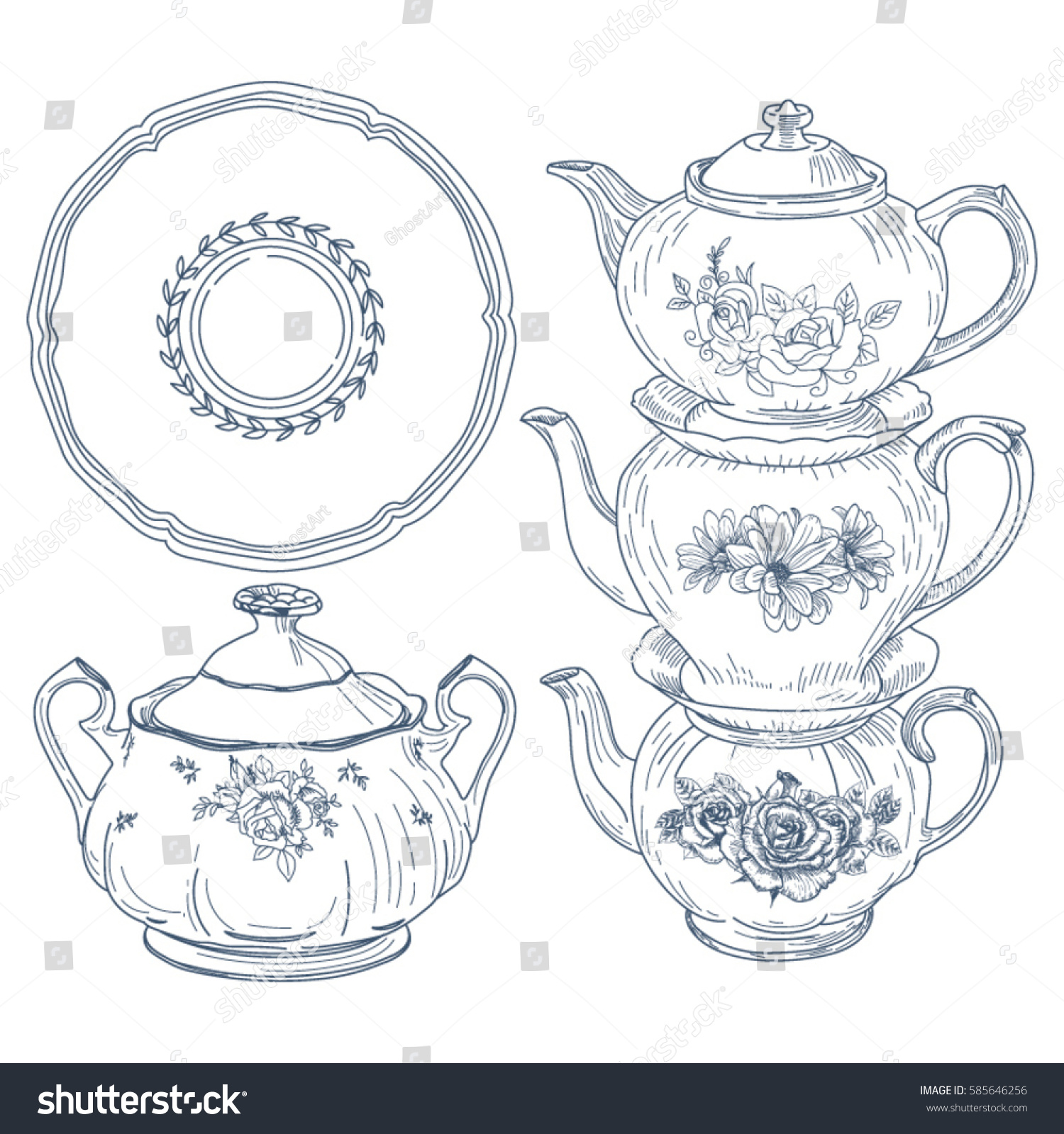 Set Porcelain Tableware Tea Vintage Style Stock Vector 585646256 ...