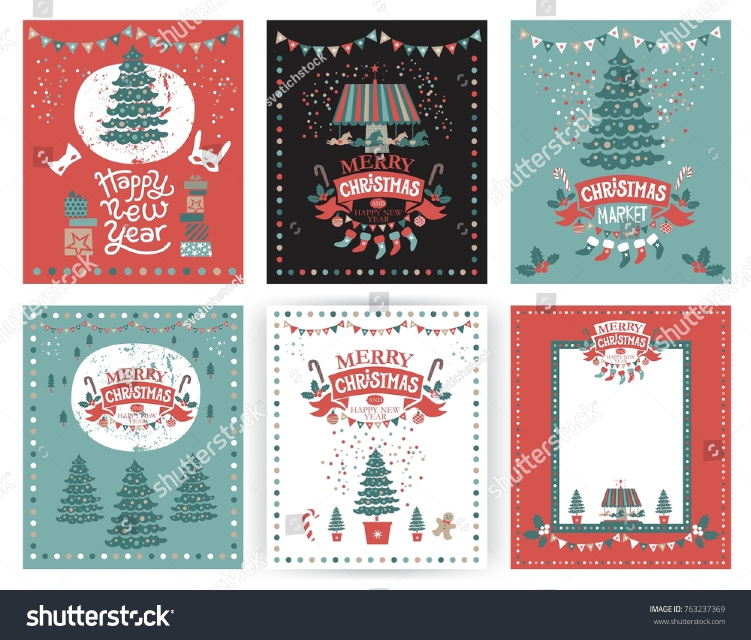 A set of posters or postcards Christmas market Happy New year and Christmas with festive