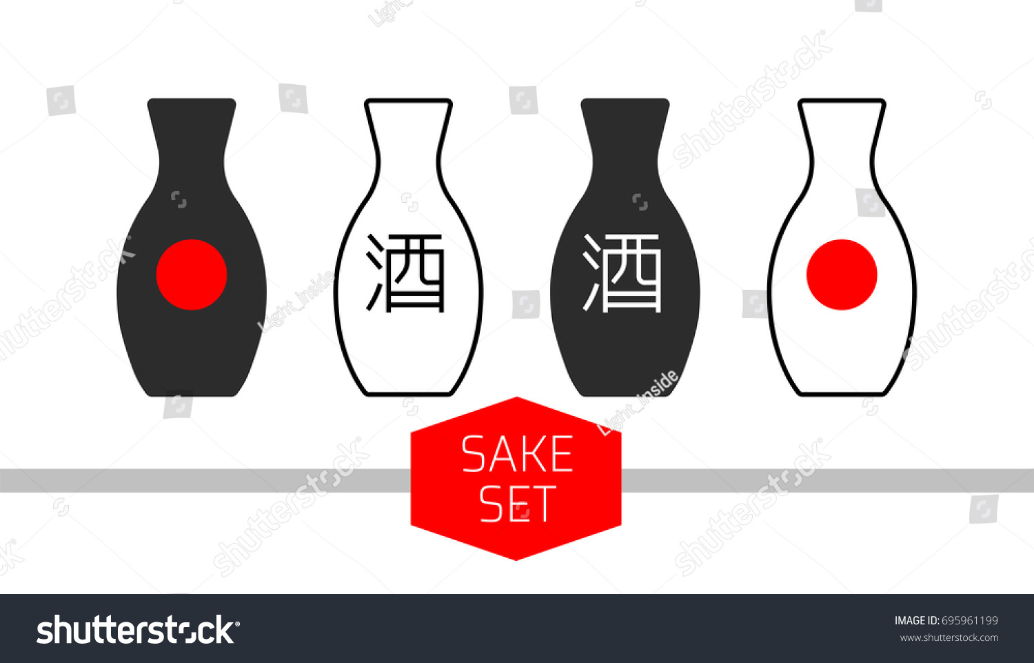 酒瓶のセット 伝統的な日本酒のデザインが違う アルコール飲料のミニマリズム的で平らなアイコン 日本国旗を象徴する絵文字と赤い丸 のベクター画像素材 ロイヤリティフリー