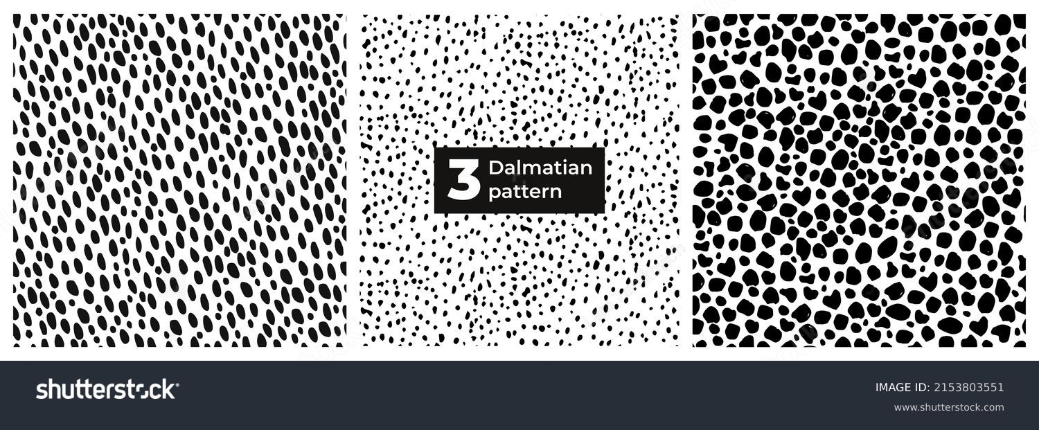 SVG of A set of seamless Dalmatian animal fur prints. Animal skin pattern. Stained background. Vector illustration. Random bovine spots hand-drawn. Texture banner with farm animals. svg