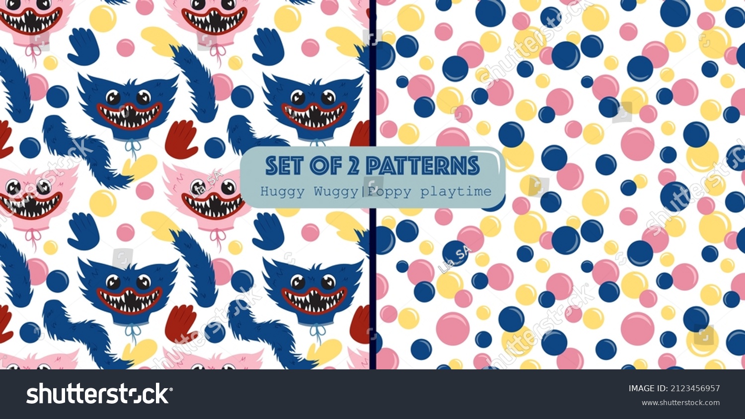 SVG of A set of seamless patterns about the game poppy playtime. Huggy Wuggy and Kissy Missy toy characters. 2 hand drawn patterns with popular characters and balls. Funny children's patterns with monsters.  svg