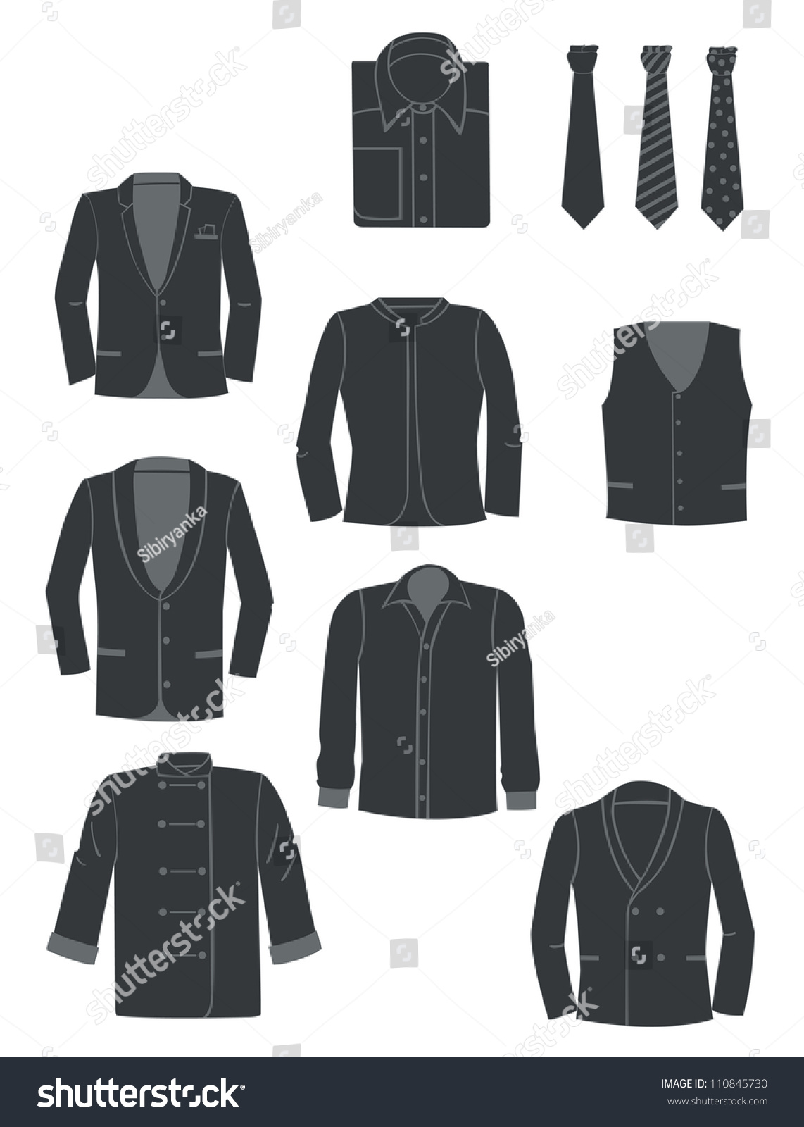 A Set Of Silhouettes Of Men'S Jackets, Shirts And Ties, Vector ...