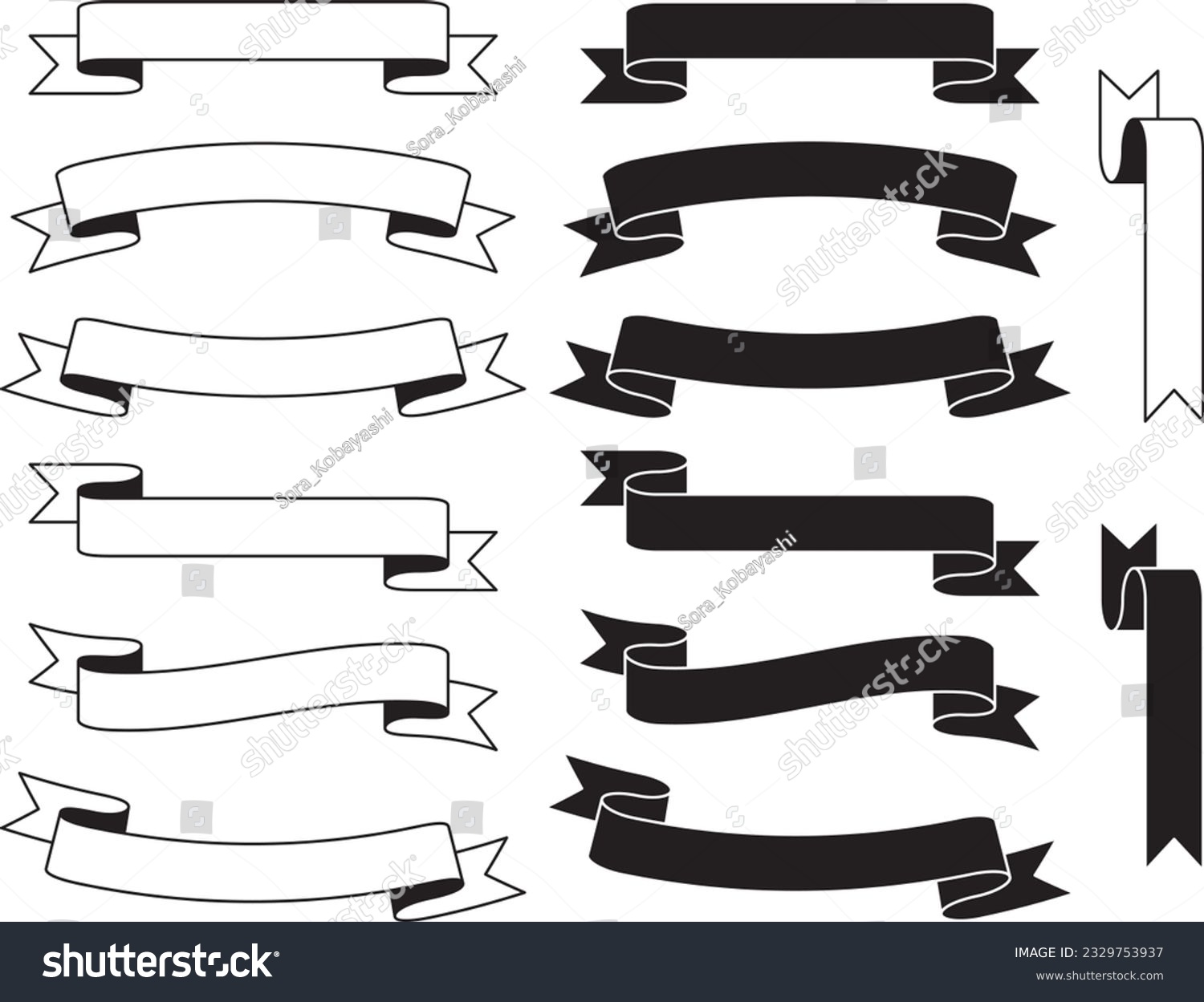 SVG of A set of simple monochrome title ribbons (black and white).
There are two types of ribbon, one with only one side pleats and the other with both side pleats. svg