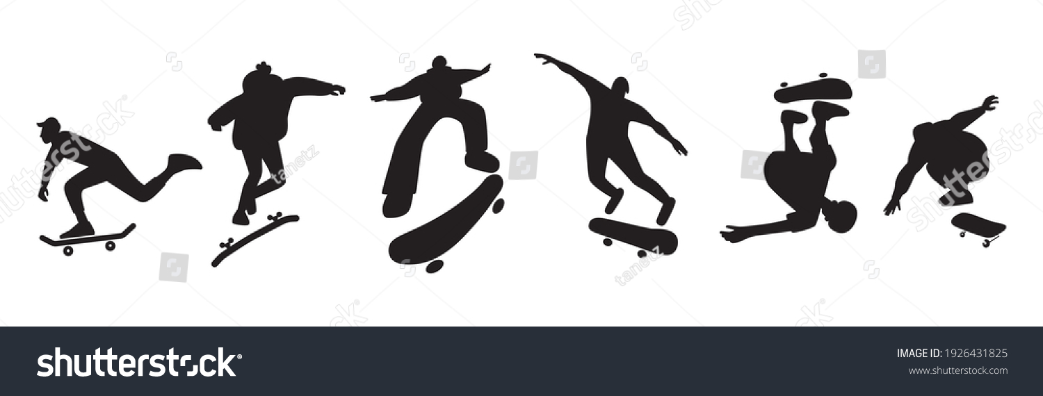 SVG of A set of skateboarders silhouettes performing stunts. Collection of jumping and somersault guys with skates. Street skateboarding. Graphic vector design illustrations. svg