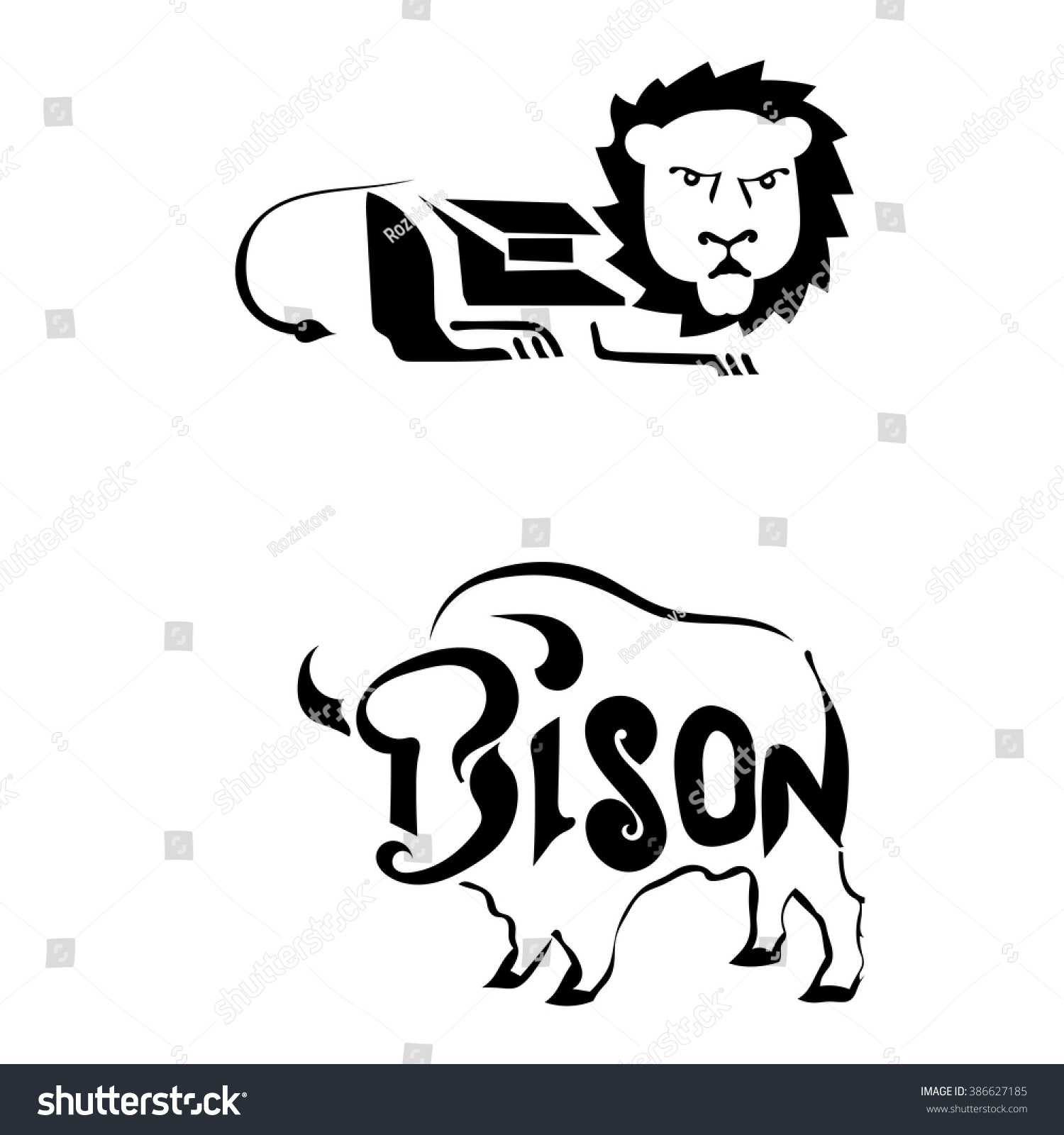 Set Sketches Bull Egyptian Lion Isolated Stock Vector Royalty Free