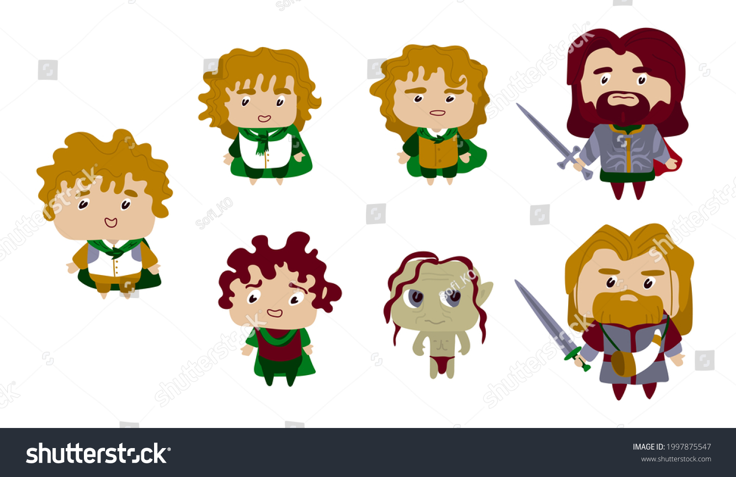 SVG of A set of stylized people. Characters. Warrior with a sword and hobbits. Character for animation or game. Vector stock illustration. White background. Stickers.  svg