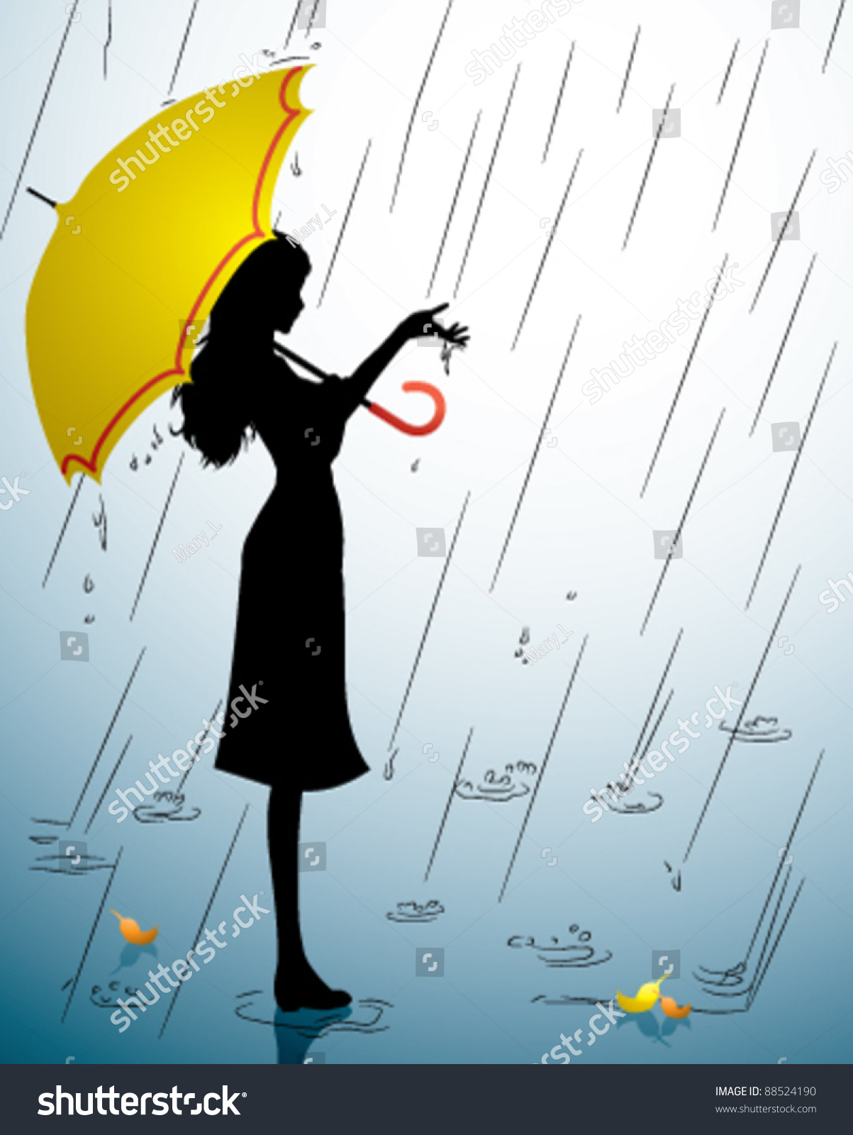 Silhouette Young Girl Yellow Umbrella Stock Vector (Royalty Free ...