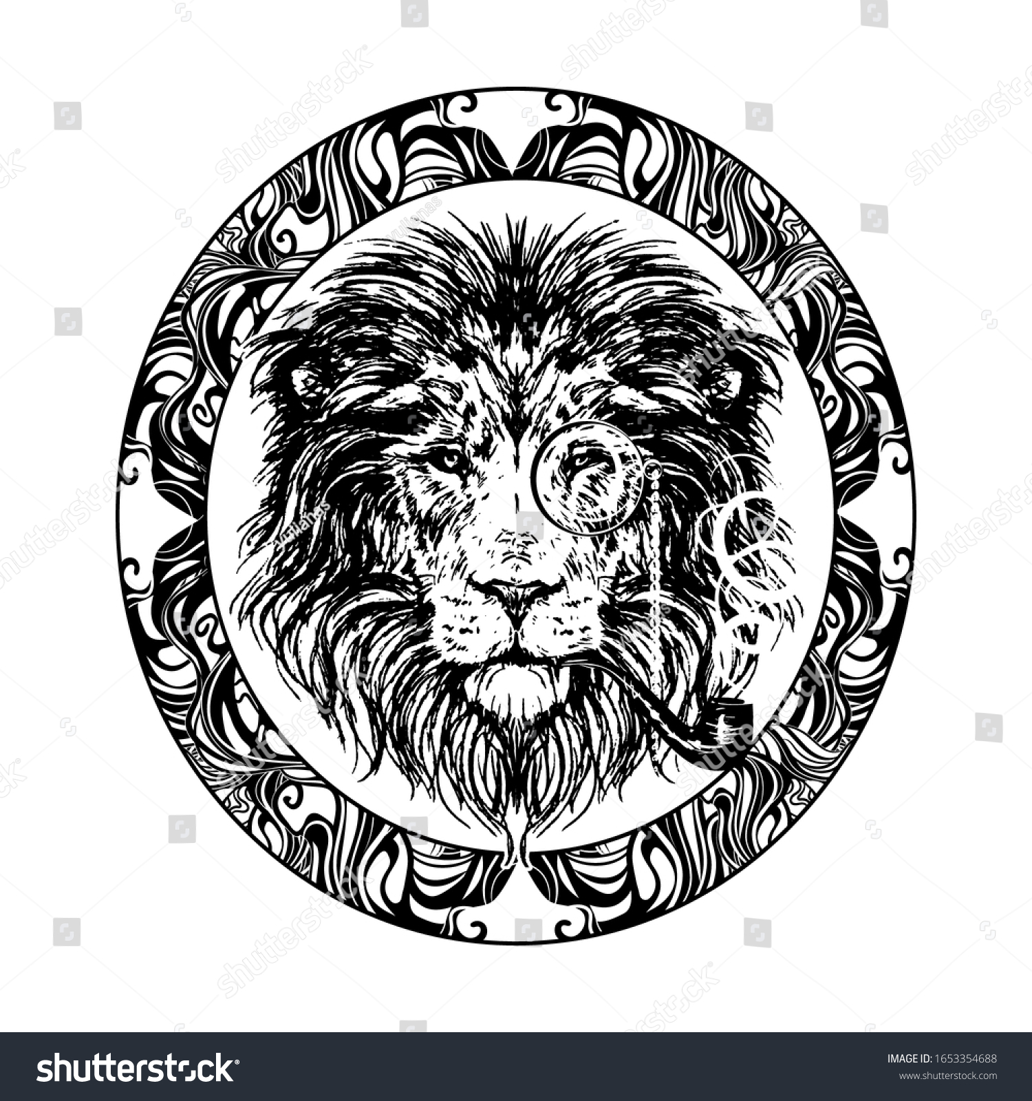 ライオンの頭のスケッチで タバコのパイプとピンスネズやモノクルの中に描かれています 擬人化 ここでは 獅子はレトロな時代のおしゃれな紳士のようです のベクター画像素材 ロイヤリティフリー