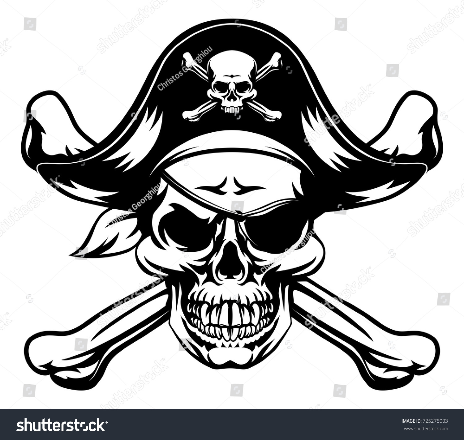 SVG of A skull and crossbones dressed as a pirate with hat and eye patch svg
