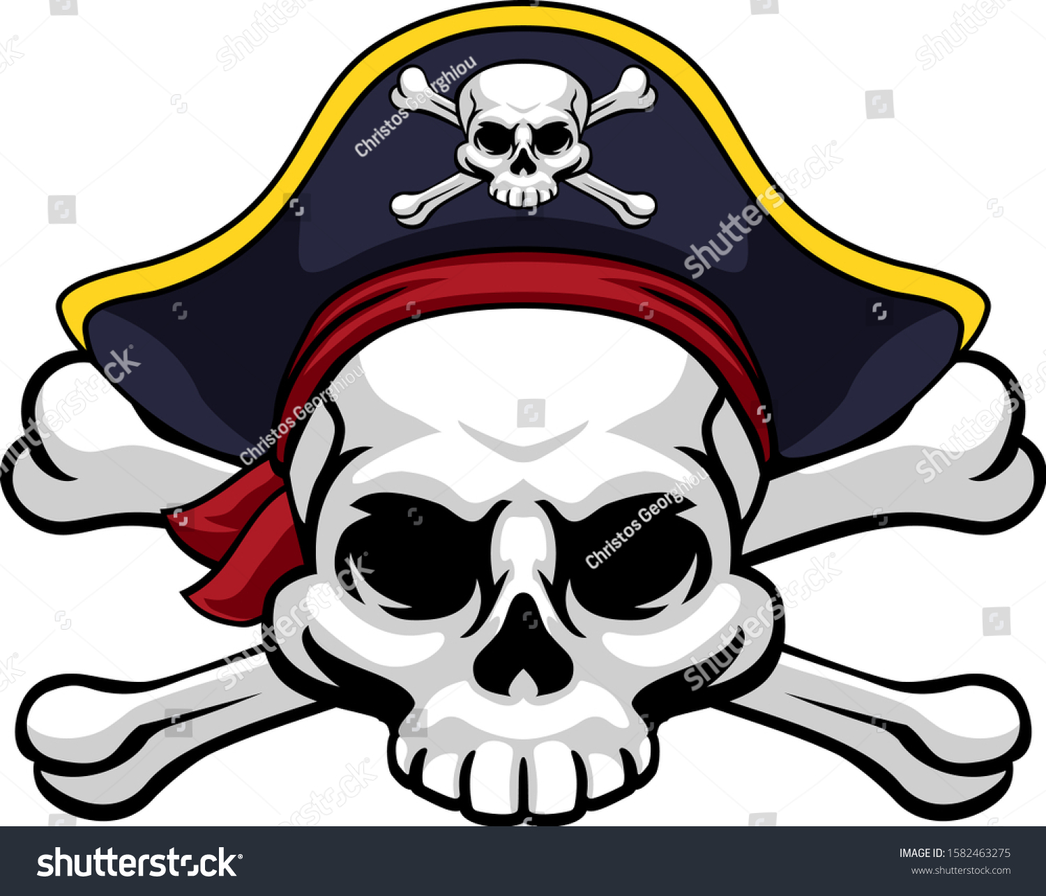SVG of A skull and crossbones jolly roger wearing a pirate hat which also has a cross bones on it svg