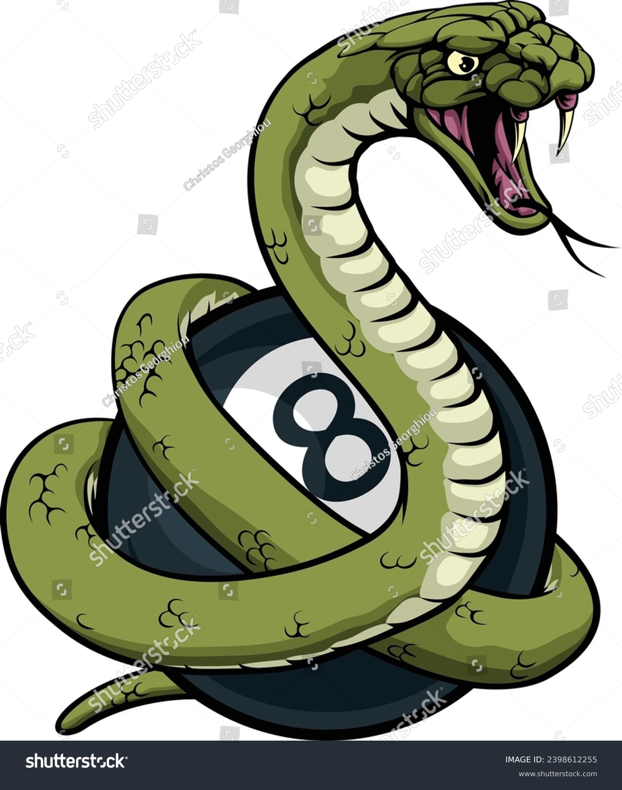 SVG of A snake angry mean pool billiards mascot cartoon character holding a black 8 ball. svg